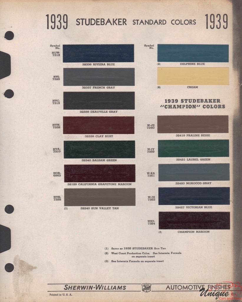 1939 Studebaker Paint Charts Williams 1